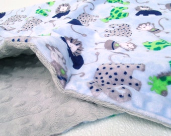 Crib size, last one, 31 x 51 inches, Boy's Blue and Gray Jungle Minky Baby Blanket
