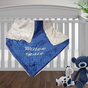 Personalized Embroidered Silver Gray Hyde Minky Blanket With Navy Dot, Or You Choose Coordinating Secondary Color To Go With Silver Hide