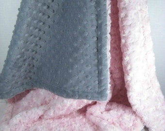 Personalized Light Pink Swirl and Gray Minky Dot Baby Blanket, You Choose Secondary Coordinating Fabric