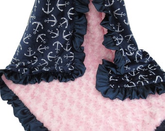 Personalized Navy Anchors Minky Dot Baby Girl or Boy Blanket,  Nautical Blanket, With Pink Swirl or You Choose Coordinating Secondary Color