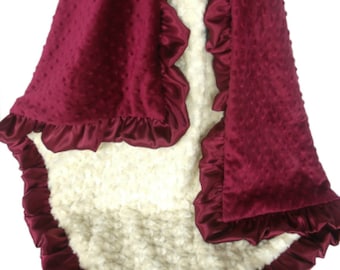 Personalized Burgundy with Cream Swirl Minky Blanket, Crimson Scarlet Minky Baby Blanket, three sizes, Choose Coordinating Secondary Color