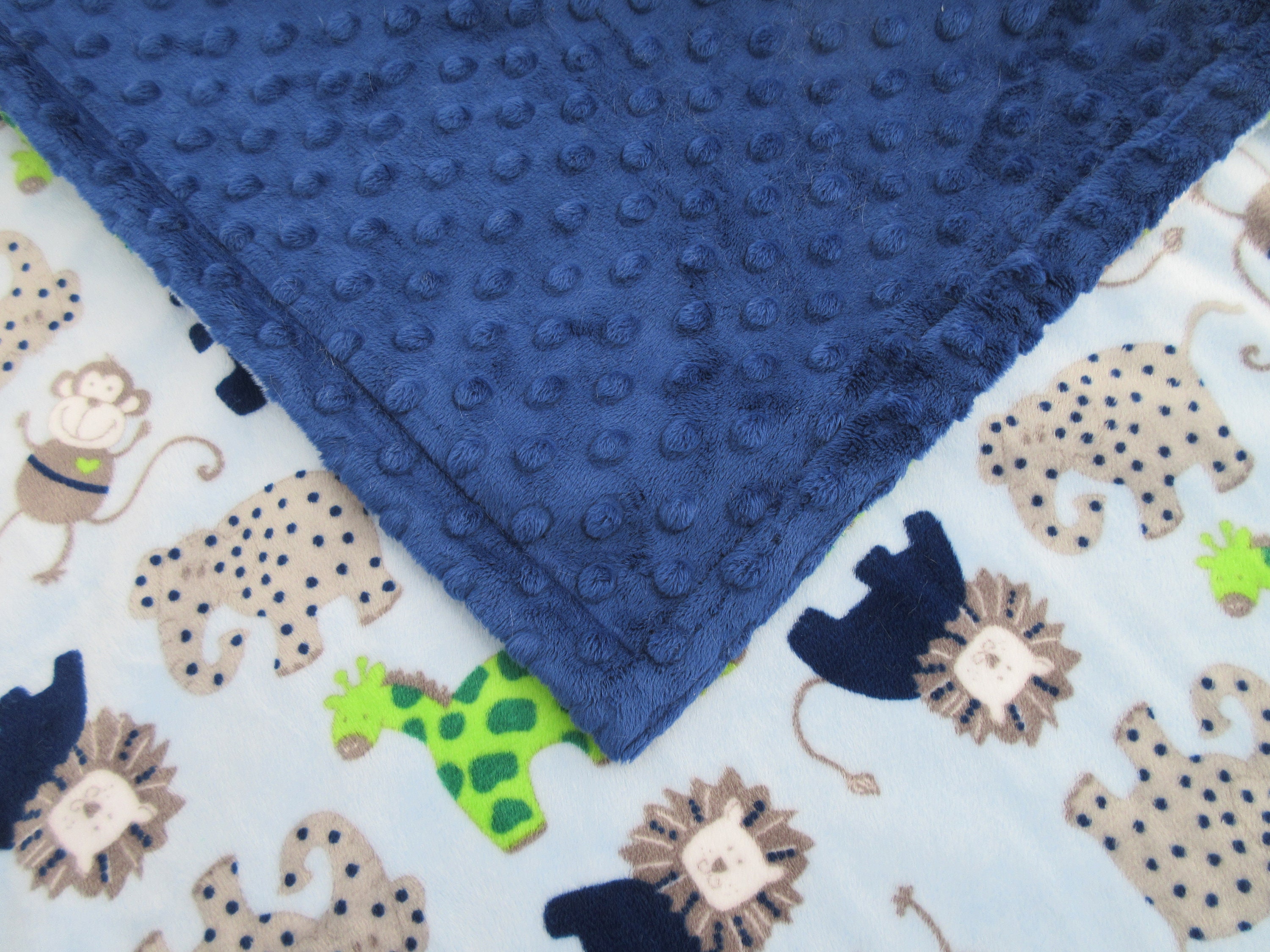 Woodland Camping on Gray and Navy Striped Minky Baby Blanket 1-14 yards