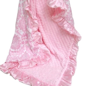 Personalized Pink Damask Minky Blanket for a Baby Girl, choose coordinating minky, ske 230 image 1