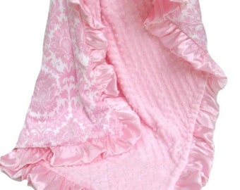 Personalized Pink Damask Minky Blanket for a Baby Girl, choose coordinating minky, ske 230