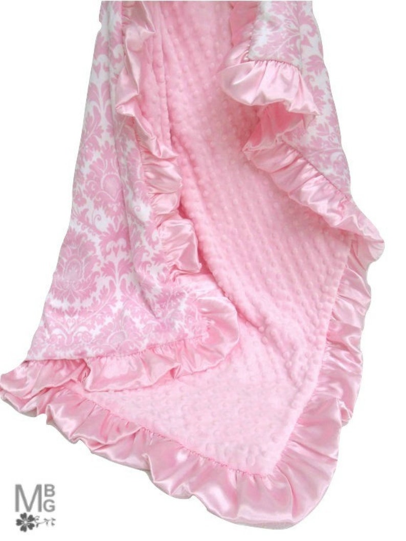 Personalized Pink Damask Minky Blanket for a Baby Girl, choose coordinating minky, ske 230 image 1