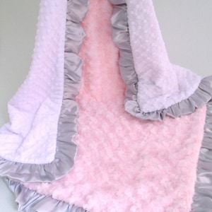 Personalized White Pink and Gray Minky Baby Blanket - Adult Blanket
