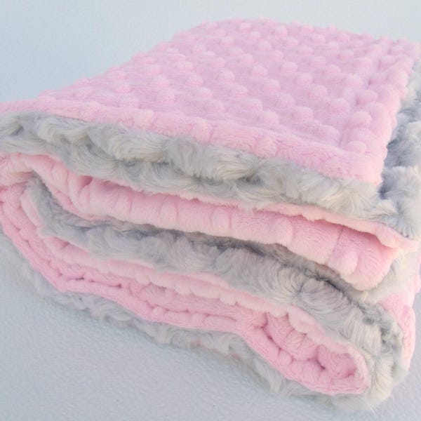 Personalized Pink Minky Dot Baby Blanket, Plush Minky Silver Hide