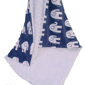 Personalized Navy Elephant Minky Baby Blanket, Woodland Animals Jungle, With White Swirl Shown or You Choose Coordinating Secondary Color