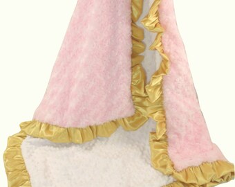 Personalized Minky Baby Blanket, Pink, White and Gold Ruffle