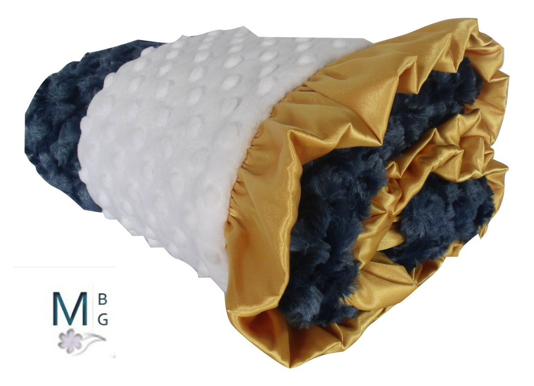 Personalized Gold and Navy Minky Baby Blanket, Gold Ruffled and Navy