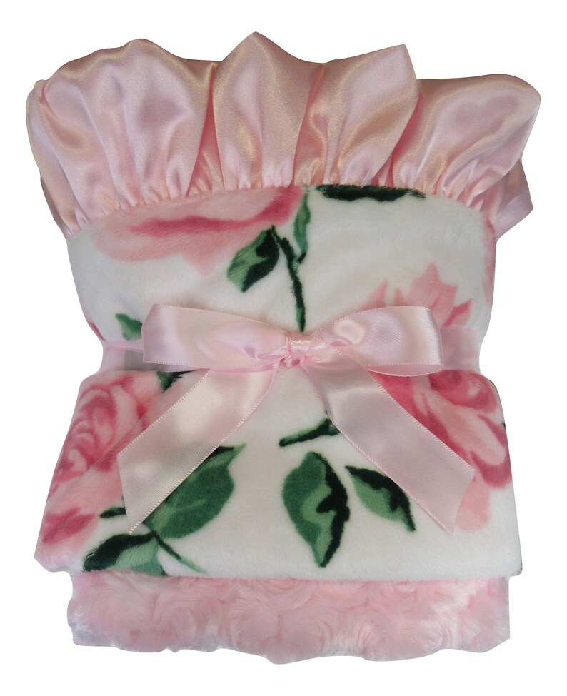 Pink Rose Swirl Floral Minky Blanket With Pink Satin Ruffle Etsy