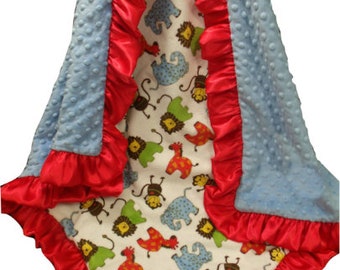 Personalized Minky Baby Blanket, Red and Blue Jungle Blanket, Red and Blue Woodland Animals Blanket, Safari Theme
