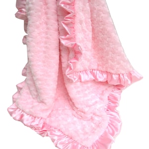 Personalized Luxe Pink Rose Swirl Minky Blanket Matching Satin Ruffle, More Colors Available