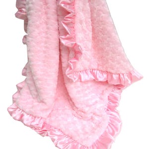 Personalized Luxe Pink Rose Swirl Minky Blanket Matching Satin Ruffle, More Colors Available