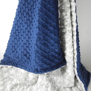 Personalized Navy Blue Minky Dot and Silver Gray Hyde Minky Blanket- Or You Choose Coordinating Secondary Color To Go With Silver Hide