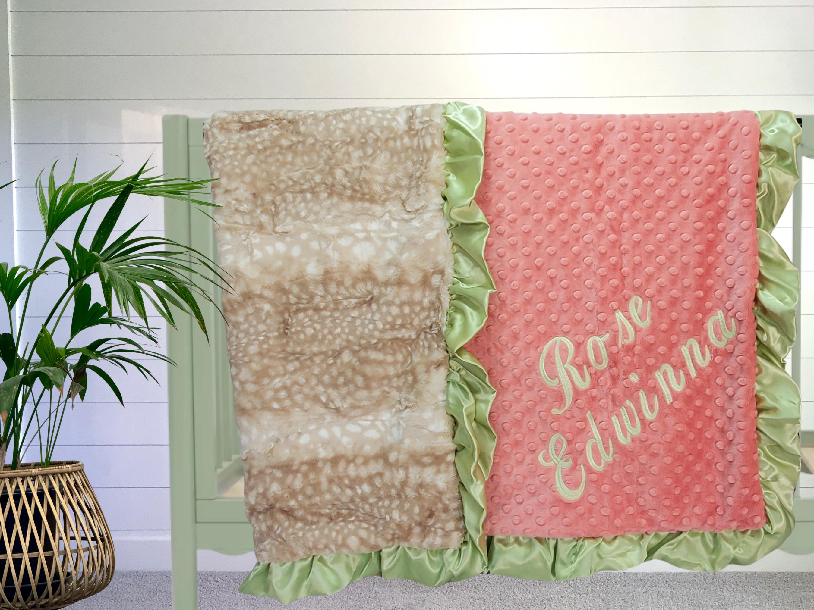 Faux Owl Fur Minky Baby Blanket, Sage Green Satin Ruffle, Neutral Nursery Keepsake, More Colors Avai