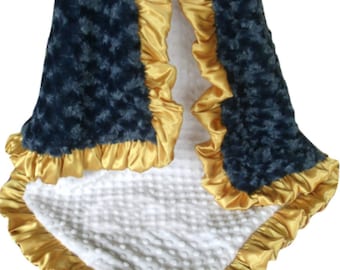 Personalized  Gold and Navy Minky Baby Blanket, Gold Ruffled and Navy Minky Baby Blanket, Navy Blue and Gold Blanket