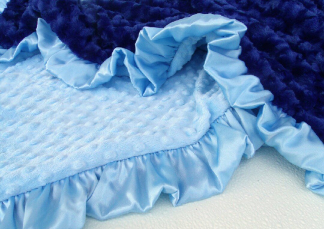 Personalized Baby Blue Minky Dot With Navy Rose Swirl Baby Blanket Etsy