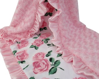 Personalized Pink Rose Floral Minky Blanket with Pink Satin Ruffle, You choose Minky back color,