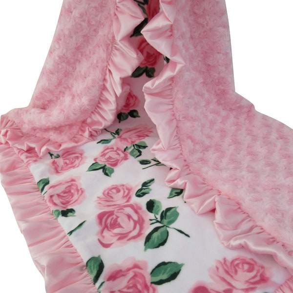 Personalized Pink Rose Floral Minky Blanket with Pink Satin Ruffle, You choose Minky back color,