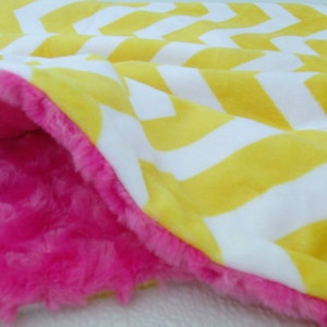 Saffron Yellow Chevron with Hot Pink Minky Blanket for baby, toddler or adult, SKE 60