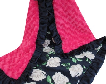 Navy and Pink Rose Floral Minky Baby Blanket With a Navy Ruffle, Pink Navy Blanket, In Stock Ready to Ship