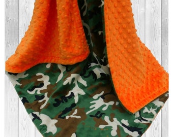 Special Order for Kathy, Two 45 x 60 blankets, Personalized Camouflage Minky Dot Baby Blanket – Orange Accent or Choose Color,