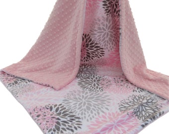 Personalized Pink and Gray Floral Blooms with Soft Pink Minky Baby Blanket, You Choose Coordinating Secondary Back Color