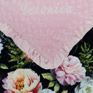 Personalized Pink and Black Minky Baby Blanket, Noir Cabbage Rose Floral Girl Blanket, With Pink Rose Swirl, Or You Choose Secondary Color