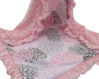 Personalized Pink Floral Blooms With Pink Ruffle Minky Baby Blanket, You Choose Coordinating Minky Back Color, ske 28