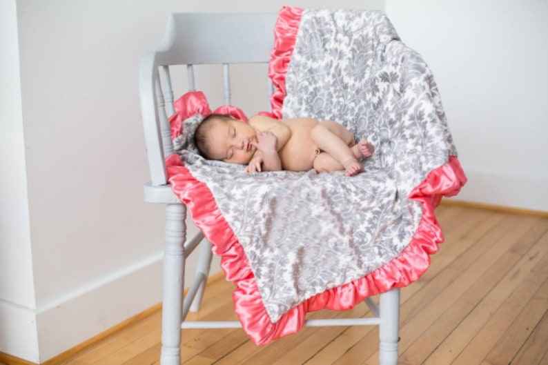 Personalized Coral Pink and Gray Damask Minky Baby Blanket - for baby toddler or adult 