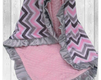 Personalized 35 x 55 Crib Size Pink and Gray Chevron Minky Baby Blanket, Gray and Pink Chevron Minky, last one.