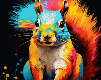 Squirrel Print, Pop Art, Unique Wall Art, Bright and Aesthetic Decor, Mixed Media, Square Print, Digital Download