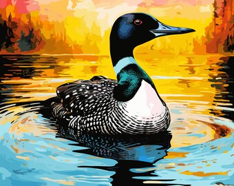 Minnesota Loon Print, Pop Art, Unique Wall Art, Bright and Aesthetic Decor, Mixed Media, Square Print, Digital Download