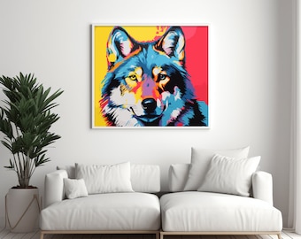 Wolf Print, Pop Art, Unique Wall Art, Bright and Aesthetic Decor, Mixed Media, Square Print, Digital Download