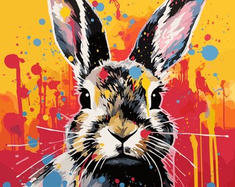 Rabbit Print, Pop Art, Abstract, Unique Wall Art, Bright and Aesthetic Decor, Mixed Media, Bunny Artwork, Square Print, Digital Download