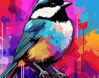 Chickadee Print, Pop Art, Abstract, Unique Wall Art, Bright and Aesthetic Decor, Mixed Media, Square Print, Digital Download, Bird Art