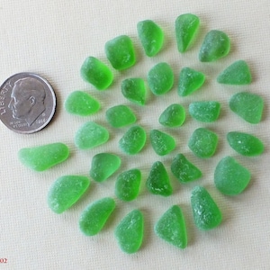 Op de afbeelding: Een verzameling van 25 groene stukjes zeeglas, gerangschikt in een cirkel op een witte achtergrond. Het zeeglas is van verschillende vormen en maten.