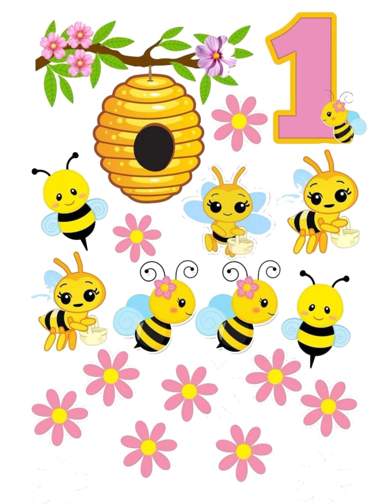 May include: A collection of cartoon bee-themed decorations. Includes a yellow and black beehive, pink flowers, a number one with a pink border, and several smiling bees with blue wings. The decorations are designed for a birthday celebration.