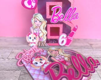 Pink Doll Birthday Cake Topper and centerpiece: Personalized  Party Decoration