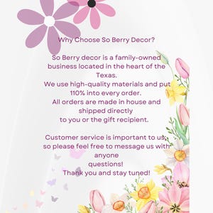 May include: A promotional image with text that reads "Why Choose So Berry Decor?" and details about the business, including its location in Texas, use of high-quality materials, and customer service. Floral and butterfly accents.