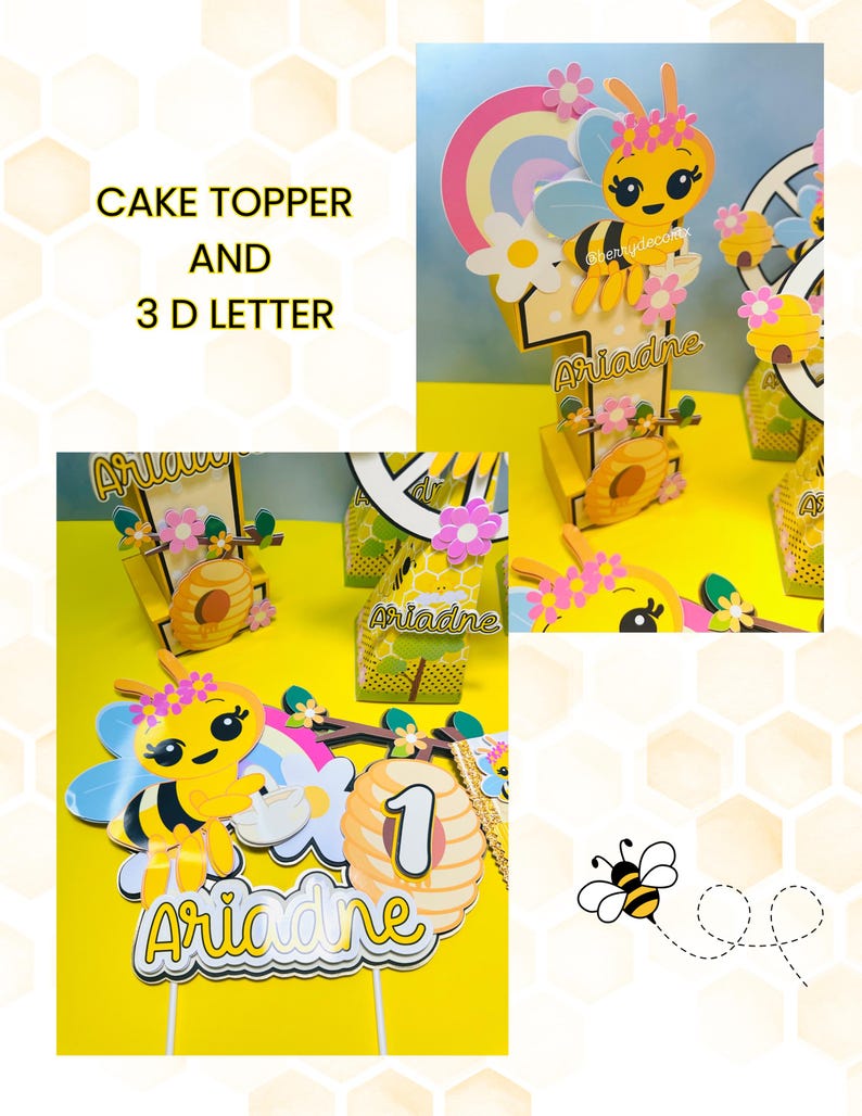 May include: A collection of bee-themed cake toppers and 3D letters. The toppers feature a yellow and black bee with a flower crown, a rainbow, and the name "Ariadne". The number "1" is also included. The background is yellow.
