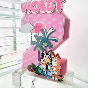Centro de mesa con números en 3D de Bluey Pink/Centro de mesa con letras en 3D de Shaker con temática de cumpleaños/Decoraciones para fiestas de Bluey/Azul rosa