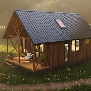 May include: A small, modern cabin with a dark gray metal roof and wooden siding. The cabin has a porch with a chair and potted plants. The surrounding area is a grassy field with trees and a logo that says "NOOK".