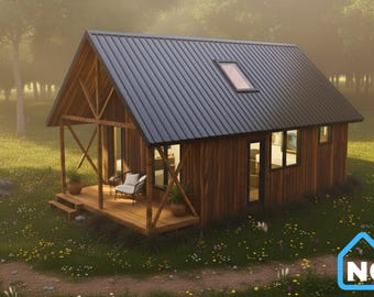 24x16 Tiny Cabin Plans with Loft: 2 Bedroom DIY House (PDF Download)