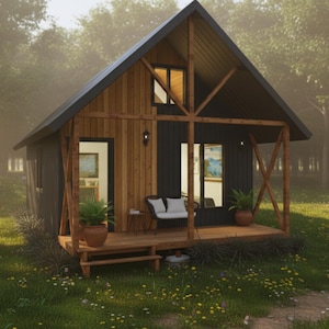 24x16 Modern Tiny Cabin Plans: 2 Bedroom DIY House (PDF Download)