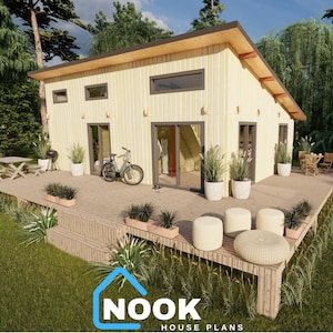 Peut inclure: Une petite maison jaune clair avec une terrasse en bois et un vélo garé devant. La maison a un design moderne avec de grandes fenêtres et un toit en pente. La terrasse est entourée d'herbe verte et de plantes.