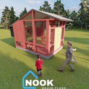 May include: A red and beige chicken coop with a wire mesh enclosure and a sloped roof. The coop is set in a grassy area with trees and three people. The logo "NOOK HOUSE PLANS" is visible.