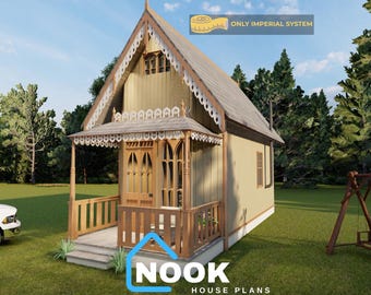 May include: A detailed rendering of a small, light brown house with intricate wooden trim and a porch. The house features a steeply pitched roof and decorative accents. The image includes a white car, a swing set, and the text "NOOK HOUSE PLANS".
