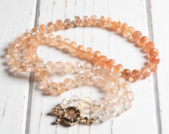 Sunstone Necklace, Hand Knotted Silk Gemstone Strand, Faceted 6.5mm Rondelles